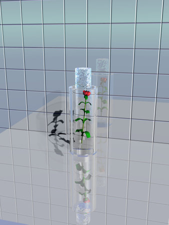 3d illustration: "A mysterious rose inside a perfume bottle casts a shadow on a tile"の写真素材