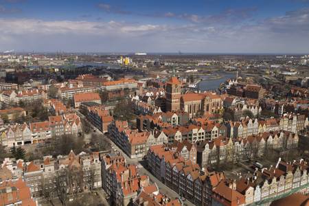 View of the old town from the church tower in Gdanskの写真素材