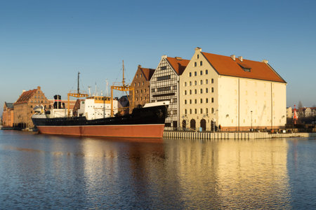 Sunset in old town of Gdansk at Motlawa river, Poland