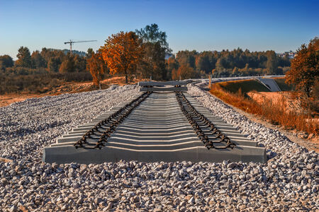 Construction of railway line using concrete sleepersの写真素材