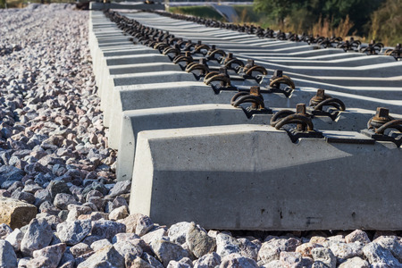 Construction of railway line using concrete sleepersの写真素材