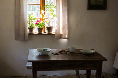 The interior historic kitchen with bread in Polandの写真素材