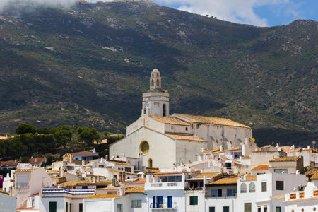 Tower of the church of Cadaques in Spainの写真素材