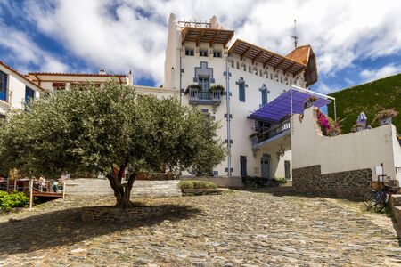 Blue shutters in the port of Cadaques, Spainの写真素材