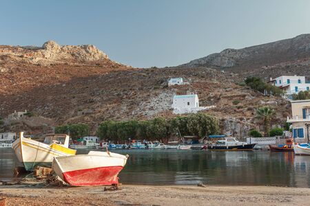 Evening view of Vathys bay on Greek Dodecanese Kalymnos islandの写真素材