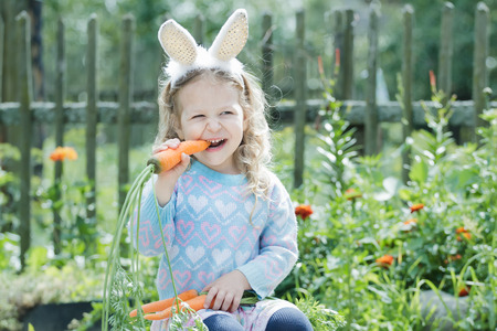 Little blonde girl is wearing funny DIY bunny ears gnawing fresh carrotの写真素材