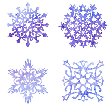 Watercolor blue painted set of Christmas snowflakesのイラスト素材