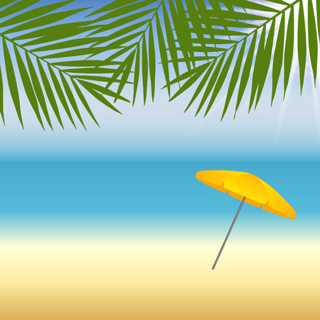 Yellow parasol at the beach under palm trees. Vector illustrationのイラスト素材