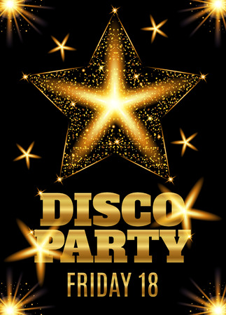 Disco party poster template with shining gold star. Vector illustrationのイラスト素材