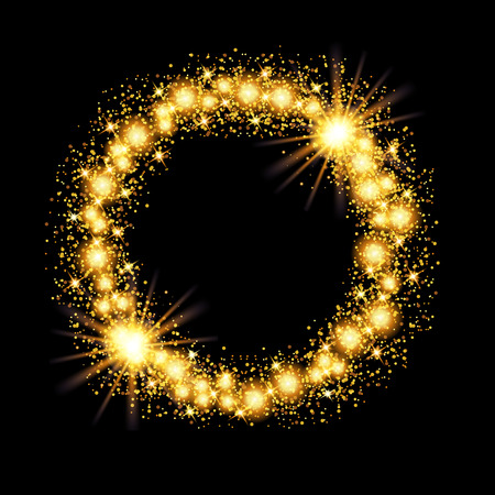 Gold glow glitter circle frame with stars on black background. Vector illustration.のイラスト素材