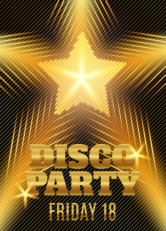Disco party poster template with shining gold star. Vector illustrationのイラスト素材