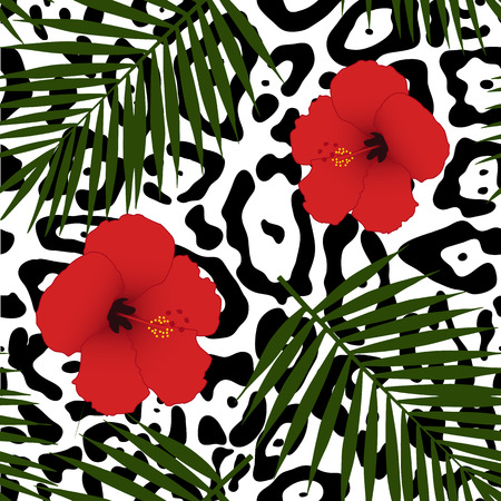 Red hibiscus and palm leaves pattern Vector illustration.のイラスト素材