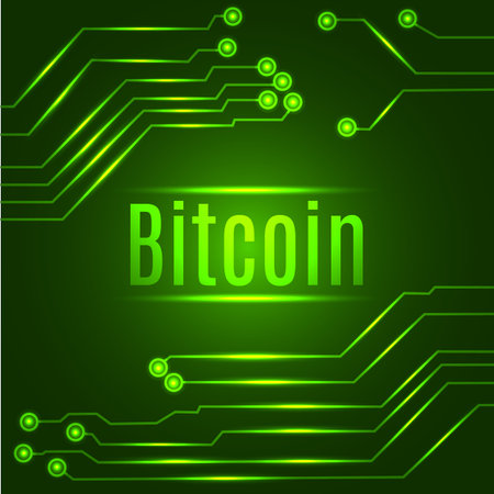 Green bitcoin digital currency concept on circuit board. Vector illustration.のイラスト素材
