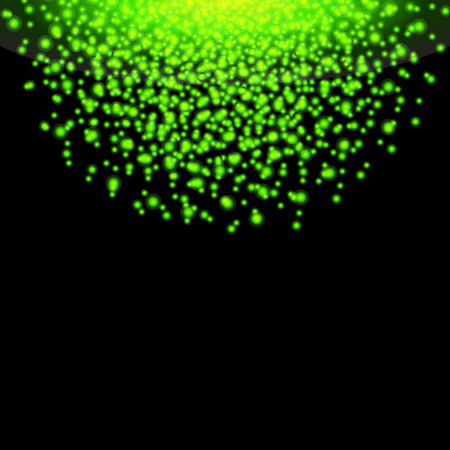 Falling glow green particles on black background. Holiday, nightclub, party card.のイラスト素材