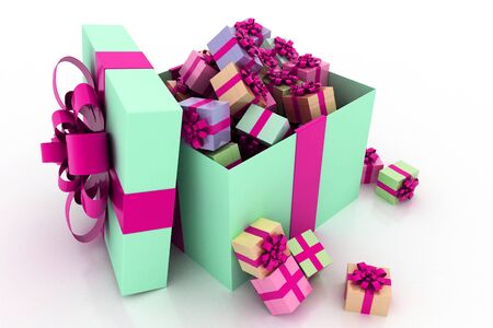 A lot of gifts. Ribbon and bow on the box. 3D.の写真素材