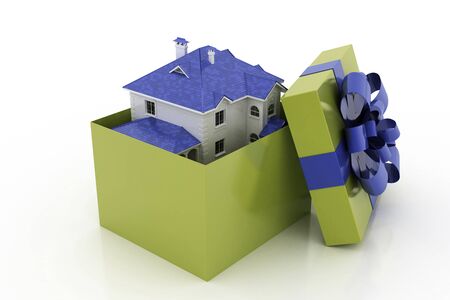 The house is in a gift box. Ribbon and bow on the box. 3D.の写真素材