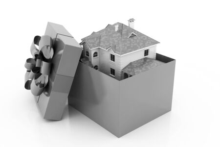 The house is in a gift box. Ribbon and bow on the box. 3D.の写真素材