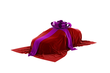 The car is covered by a cloth. Bow and ribbons on cars. 3D.の写真素材