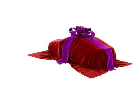 The car is covered by a cloth. Bow and ribbons on cars. 3D.の写真素材