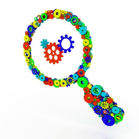 A search symbol on a white background. The shape of gears. 3D.の写真素材