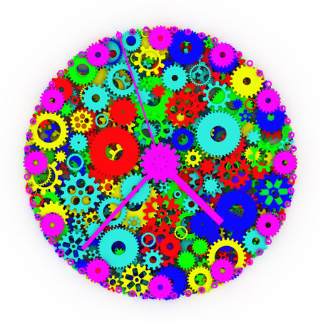 Watch of gears. Colored clock. 3D.