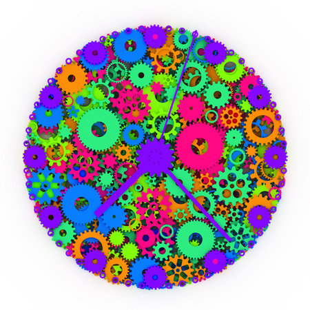Watch of gears. Colored clock. 3D.