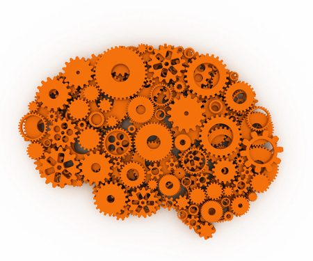 The brain of gears. The orange brain. 3D.の写真素材