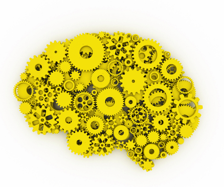 The brain of gears. The yellow brain. 3D.の写真素材