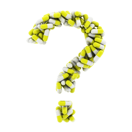 The question mark of the medications. Yellow medications. 3D.の写真素材