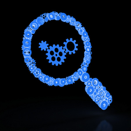 Magnifier of gears. The search icon. 3D.の写真素材