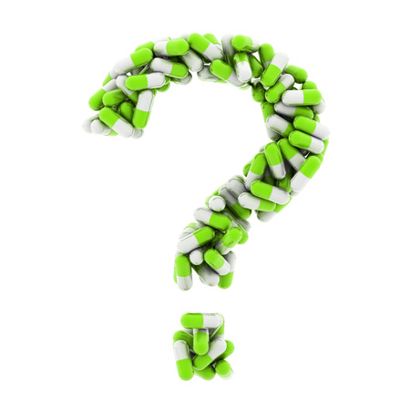 The question mark of the medications. Green medications. 3D.の写真素材