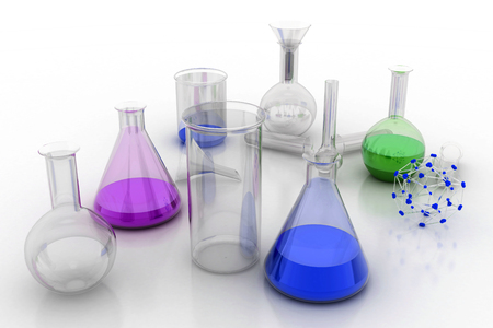 Laboratory glassware with liquids of different colorsの写真素材