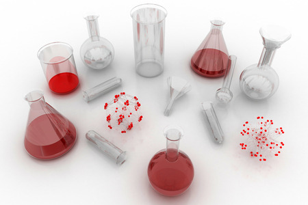 Laboratory glassware with liquids of red colorsの写真素材