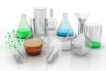 Laboratory glassware with liquids of different colors with reflections on table - With clipping pathの写真素材