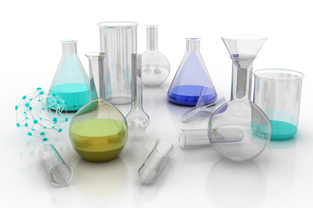 Laboratory glassware with liquids of different colorsの写真素材