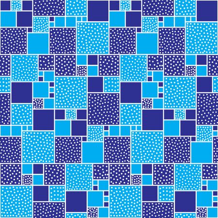 Vector seamless pattern of squares decorated with circles and squares. Blue abd gray backing with white pieces.のイラスト素材
