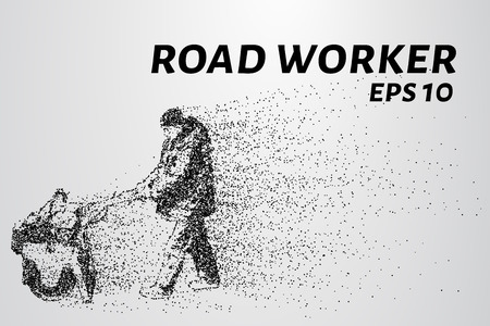 Road worker of the particles. Road worker leveled asphalt. Road work with roller.のイラスト素材