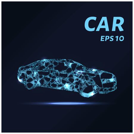The car consists of points, lines and triangles. The polygon shape in the form of a silhouette of a car on a dark background. Vector illustration. Graphics concept car.のイラスト素材