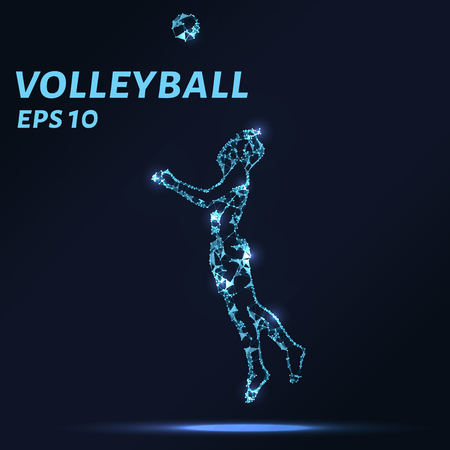The volleyball player consists of points, lines and triangles. The polygon shape in the form of a silhouette of a volleyball player on a dark background. Vector illustration.のイラスト素材