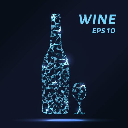 The wine consists of points, lines and triangles. The polygon shape in the form of the bottle and the glass awards on a dark background. Vector illustrationのイラスト素材
