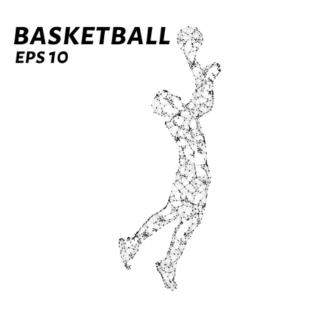 Basketball player consists of points, lines and triangles. The polygon shape in the form of a silhouette of a basketball player on a dark background. Vector illustration.のイラスト素材
