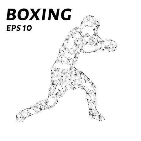 Boxer consists of points, lines and triangles. The polygon shape in the form of a silhouette of a boxer on a dark background. Vector illustrationのイラスト素材