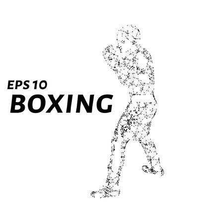 Boxer consists of points, lines and triangles. The polygon shape in the form of a silhouette of a boxer on a dark background. Vector illustrationのイラスト素材