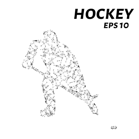 Hockey player consists of points, lines and triangles. The polygon shape in the form of a silhouette of a hockey player on a dark background. Vector illustrationのイラスト素材