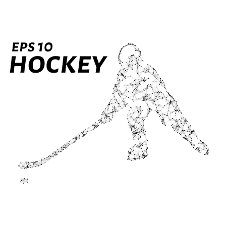 Hockey player consists of points, lines and triangles. The polygon shape in the form of a silhouette of a hockey player on a dark background. Vector illustrationのイラスト素材