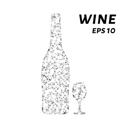 The wine consists of points, lines and triangles. The polygon shape in the form of the bottle and the glass awards on a dark background. Vector illustrationのイラスト素材
