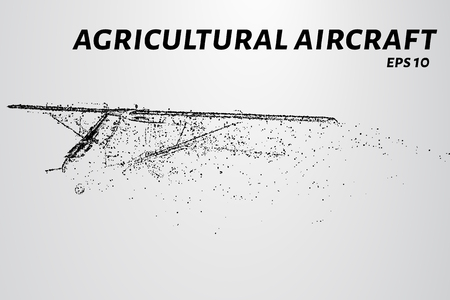 The plane of the particles. Agricultural aircraft takes off. The plane disintegrates to smaller molecules. Vector illustration.のイラスト素材