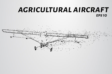 The plane of the particles. Agricultural aircraft takes off. The plane disintegrates to smaller molecules. Vector illustration.のイラスト素材