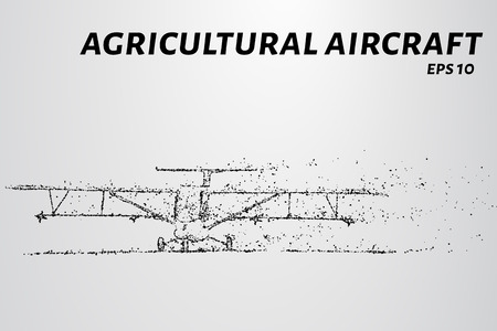 The plane of the particles. Agricultural aircraft takes off. The plane disintegrates to smaller molecules. Vector illustration.のイラスト素材