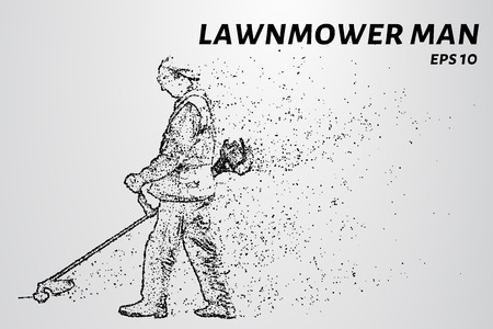 Mowing grass consists of dots and circles. A gardener mows the grass trimmer. Vector illustration.のイラスト素材